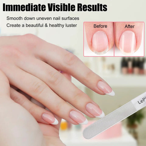Crystal Nail Buffer Kit for shaping buffing and polishing natural nails before and after results, hand holding nail file.