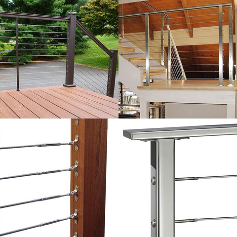 Outdoor and indoor stainless steel cable railing installations showcasing Hydraulic Crimping Tool With Nine Hardened Dies For Stainless Steel Cable Railing, Built To Last From Tough Steel, Lets You Crimp One Eighth To Three Sixteenths Inch Cable Like A Boss, Works Great On DC01 Battery Cables, Smooth Precise Crimp Every Time.