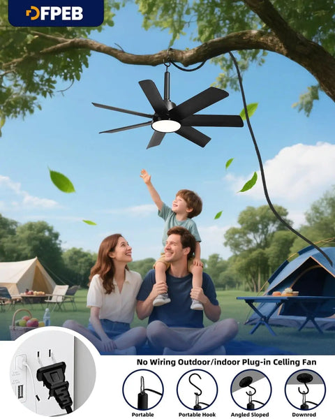 Family enjoying outdoors with 28 Inch Plug In Outdoor Ceiling Fan With Lights And Remote, LED Gazebo Hanging Fan With Hook, Black.