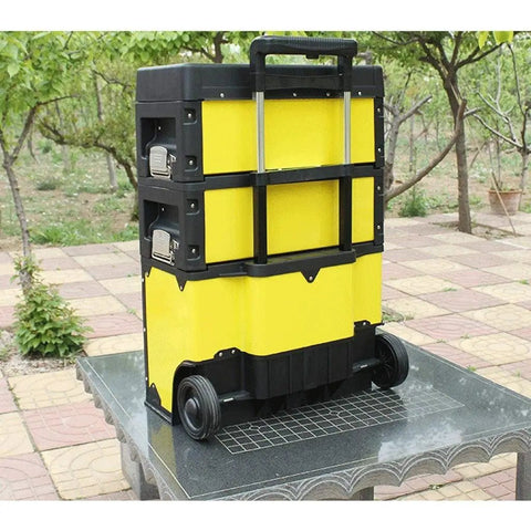Side view of yellow On The Go Stackable Toolbox With Rolling Wheels And Comfort Grip Handle, Heavy Duty Mobile Organizer.