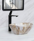 Oval Marble Vessel Sink With Pop Up Drain for above counter bathroom ceramic vessel sink with Nordic marbling design.