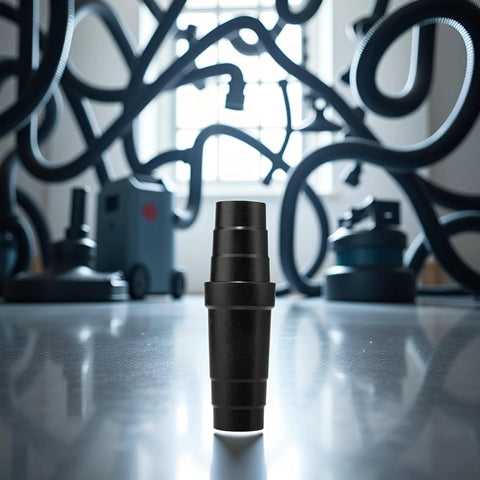 Front view of black ABS vacuum hose adapter standing upright on a reflective floor with tangled vacuum hoses.