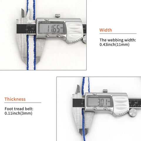 Caliper measuring width and thickness of Dyneema Climbing Slings 10mm 22kN 4840lb Runners Blue 24in 60cm 3 Pack for climbing.