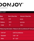 Velocity Ankle Brace For Left Ankle size chart with men's and women's shoe sizes, calf circumference for medium size.