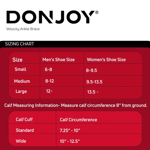 Velocity Ankle Brace For Left Ankle size chart with men's and women's shoe sizes, calf circumference for medium size.