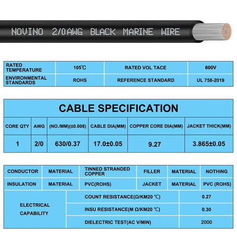 Two Aught Gauge Welding And Battery Cable Beefy Heavy Duty 600V Marine Tinned Copper Wire For Boat DIY Bulk Car Auto Solar Generator RV Truck Motorcycle 10ft Insulated Flexible