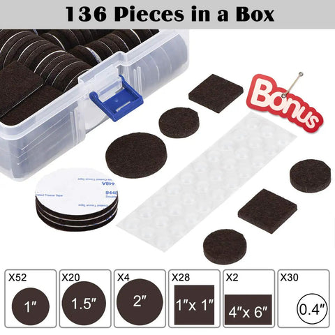 Premium Felt Furniture Pad Set, 136 Pieces, 5mm Thick Floor Protectors with storage case, various sizes shown