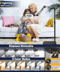 Woman using 15X Floor And Desk Magnifying Glass With Light And Stand Hands Free Craft Hobby Tool with 80 LED Bulbs and five color modes.