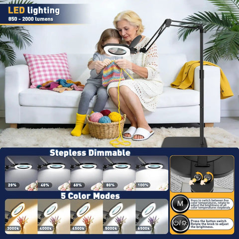 Woman using 15X Floor And Desk Magnifying Glass With Light And Stand Hands Free Craft Hobby Tool with 80 LED Bulbs and five color modes.