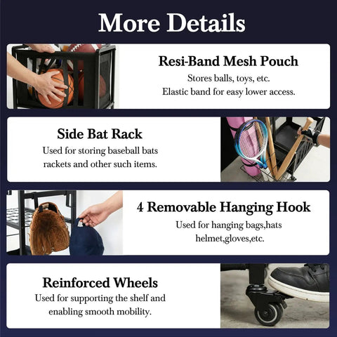 Details of Rolling 4-Tier Sports Gear Organizer Carts with Wheels, including mesh pouch, side bat rack, hooks, and wheels.