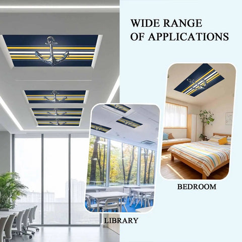 Straight Up Nautical Vibes: 3 Pack Magnetic Ceiling Light Covers For Drop Ceilings, Vintage Blue And Yellow Striped Anchor Fluorescent Lamp Shades That Hits Different For Classrooms And Offices