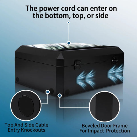 Heavy Duty Outdoor Electric Charger Lock Enclosure Wall Mount Protective Housing For Tesla And All Plug In Vehicle Stations With Multiple Cable Grommets Weatherproof Badass Top Shelf Secure Cover 23X19X10 Inches with cable entry knockouts.