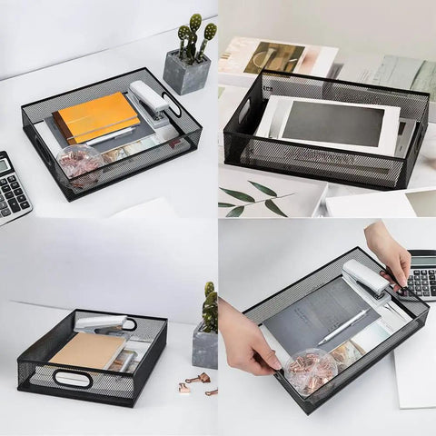 Beefy Heavy Duty Metal Mesh Desk Organizer Tray for A4 Files, black wire, 12.6 x 9.1 x 2.8 inches, shown with office supplies