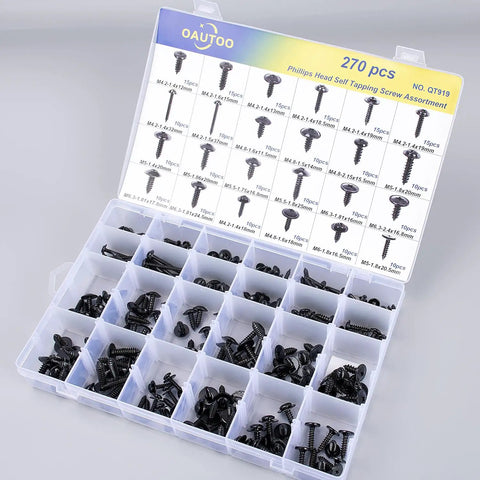 Auto Body Self Tapping Phillips Head Screws Kit With Washer Head 270 Piece Assortment In Sizes 8 10 12 14 for vehicle repairs