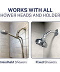 Solid Metal Shower Head Swivel Ball Adapter Chrome Heavy Duty Adjustable Pivot Ball for Easy Angle Control shown with handheld and fixed shower heads.
