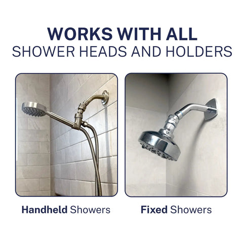 Solid Metal Shower Head Swivel Ball Adapter Chrome Heavy Duty Adjustable Pivot Ball for Easy Angle Control shown with handheld and fixed shower heads.