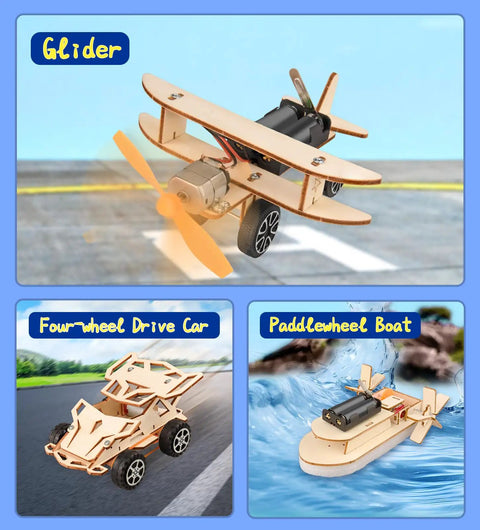 6-In-1 STEM Kit For Kids Ages 8-12 with glider, four-wheel drive car, paddlewheel boat models shown