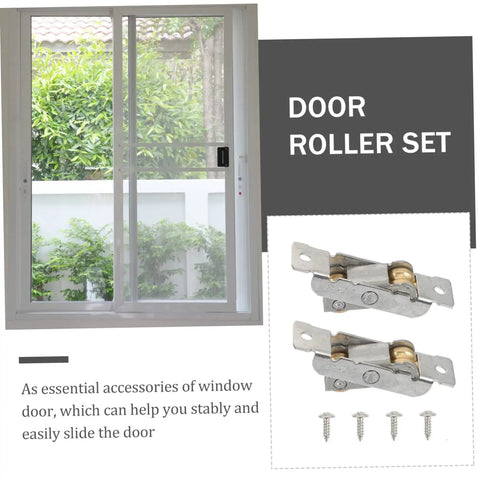 Heavy Duty Stainless Steel Sliding Door Wheels Pair With Double Pulley Track For Smooth Quiet Glide And No Sweat Cabinet Hardware Upgrade Set Includes Mounting Screws next to sliding door with green plants.