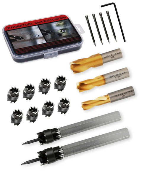 18 Piece Spot Weld Cutter Kit with double sided bits, titanium coated cobalt drill bits, hex shank, and replacement parts