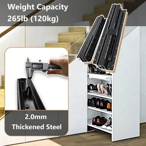 Under Stair Drawer Slides Non-Removable With 265lb Load Capacity 3-Stage Full Extension Anti-Derailment Hardware, 2.0mm steel