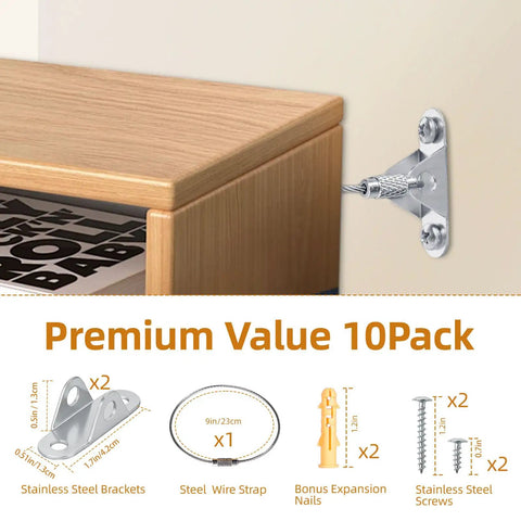 Rock Solid Furniture Anchors 10 Pack Anti Tip Wall Straps For Baby Proofing Dressers Cabinets Secure Up To Four Hundred Pounds, stainless steel brackets and wire strap.