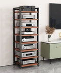Dope Multi Function Open Storage Rack 8 Tier AV Component Stand With Height Adjustable Wooden Shelves Movable Audio Tower For Home And Office Ideal For CD Players Receivers And Gear Heavy Duty 25mm Thick Boards, black frame with wheels