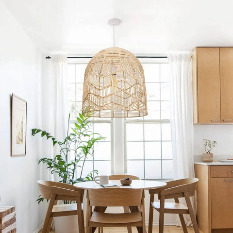 Handwoven Rattan Pendant Lighting Rope Lamp Shade For Indoor Hanging Ceiling Light, 17.71 Inch Diameter, dining room view