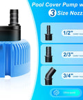 Above Ground Pool Cover Pump Submersible Sump Pump For Draining Water Fast 850 GPH Blue with 3 size nozzles