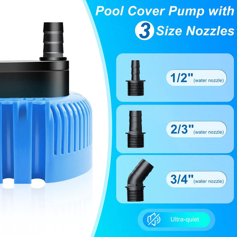 Above Ground Pool Cover Pump Submersible Sump Pump For Draining Water Fast 850 GPH Blue with 3 size nozzles