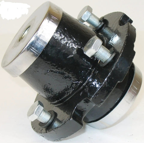 Workhorse 15 Inch Laminated Tire Tail Wheel Assembly With 1-1/4 Fork Yoke And Heavy Duty Hub Bushings And Ball Bearings close-up of black hub with bolts.