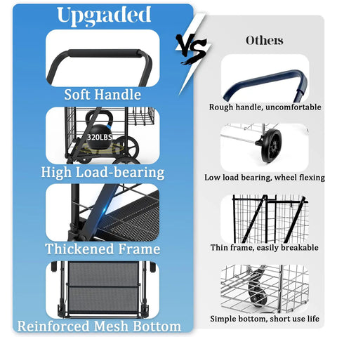 Comparison of heavy duty folding grocery cart with soft handle and reinforced bottom vs others with rough handle and simple bottom