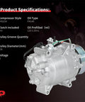 Heavy Duty Air Conditioning Compressor With Clutch Direct Fit Replacement For Honda Cr V And Acura Rdx showing specifications and features.