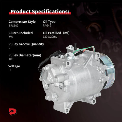 Heavy Duty Air Conditioning Compressor With Clutch Direct Fit Replacement For Honda Cr V And Acura Rdx showing specifications and features.