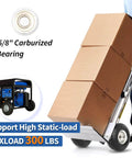 Hand truck loaded with boxes using a 4.10/3.50-4 Inch Tire And Wheel Set, 10 Inch Pneumatic Wheel With 2.25 Inch Offset Hub And 5/8 Inch Axle Bore