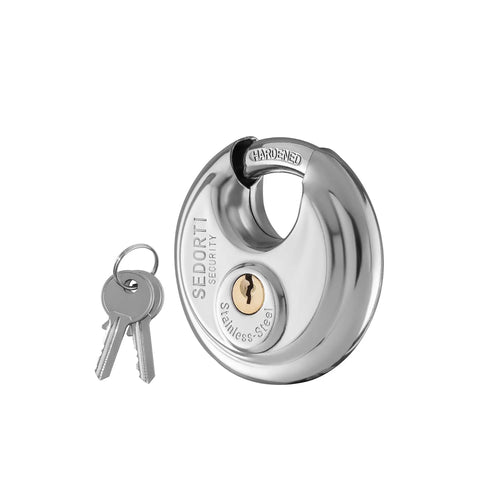 Five Pack Disc Padlocks Keyed Alike, Two And Three Quarters Inch Wide Stainless Steel 304 Round Locks With Brass Keys