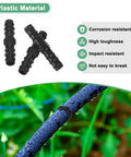 20 Pack Drip Irrigation Barbed Fittings for Three Eighths Inch Tubing Connector installed on garden hose with water droplets