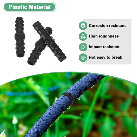 20 Pack Drip Irrigation Barbed Fittings for Three Eighths Inch Tubing Connector installed on garden hose with water droplets