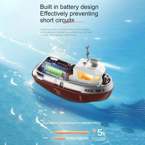 RC Tugboat Remote Control Boat For Pools And Lakes 2.4GHz Anti Interference with LED Lights and Rechargeable Battery in water