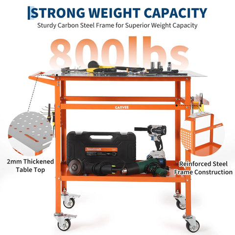 Solid As A Rock Heavy Duty Carbon Steel Welding Table 36 By 24 Inches 800 Lbs Capacity Mobile Workbench with tools shown.