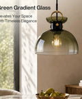 Tribesigns 11" Modern Pendant Lighting with Gradient Green Glass Shade hanging elegantly over a table with fruit.
