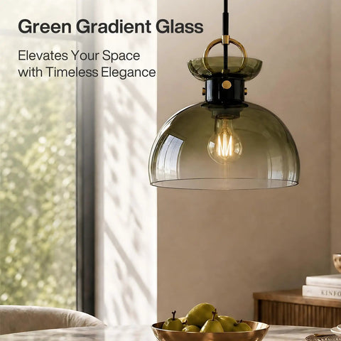 Tribesigns 11" Modern Pendant Lighting with Gradient Green Glass Shade hanging elegantly over a table with fruit.