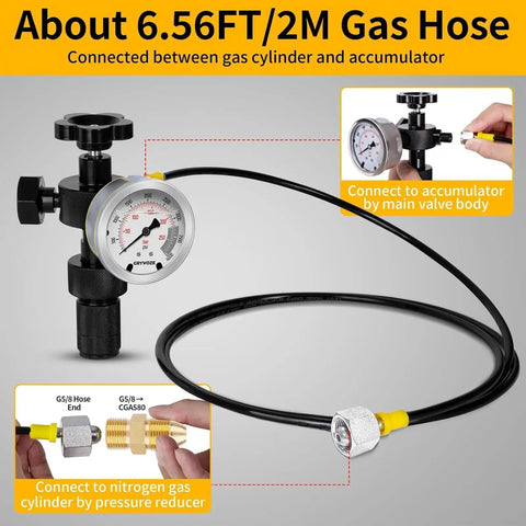 Hydraulic Nitrogen Accumulator Charging Kit with Three Pressure Gauges, Six Couplings and One Gas Hose for Hydraulic Systems