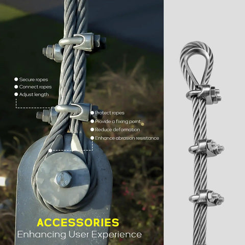 Close-up of One Quarter Inch Stainless Steel Cable, 350 Feet Of Aircraft Wire Rope With Clamps And Thimbles for deck railing.