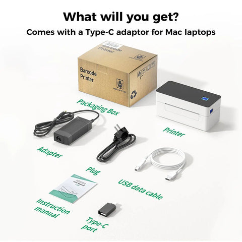 Bluetooth Shipping Label Printer 4x6 Inch For Windows Mac Android iOS contents including printer, cables, and packaging box