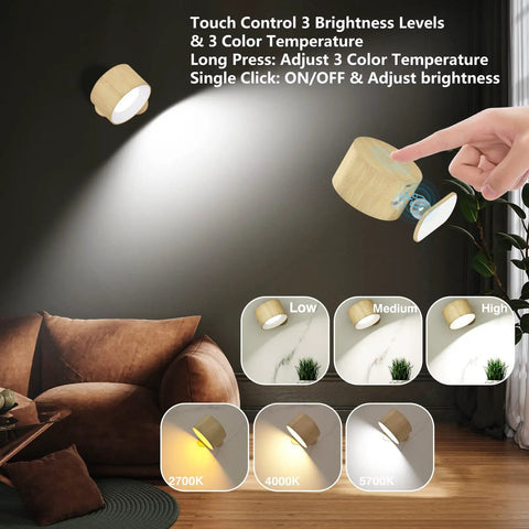 Wall Sconce LED Battery Powered Light With Rechargeable 360 Degree Rotating Magnetic Ball shown in living room with settings display.