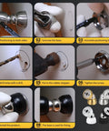 Installation steps for Powerful Magnetic Door Stopper Set Of 2 Stainless Steel Mini Door Stops with different finishes.