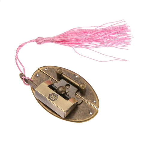 Antique Brass Key Hasp Lock For Wooden Boxes And Cabinets, vintage bronze toggle latch hardware with pink tassel, 63x42mm