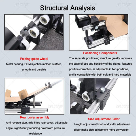 Adjustable Cardboard Box Folding Tool Manual Shipping Box Folder Jig Featuring Quick Slide Adjuster showing structural components and features.