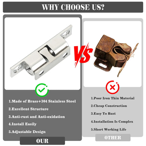 Comparison of double roller catch cabinet latches showing stainless steel and brass design versus a rusted alternative