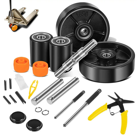Pallet Jack Wheel Replacement Kit For PTH50 Forklift Truck, Full Wheel Upgrade With 2 Steering Wheels And 2 Load Wheels, Preinstalled Bearings And Axles, PU Tread, Entry Rollers, Pins And Hardware Included.